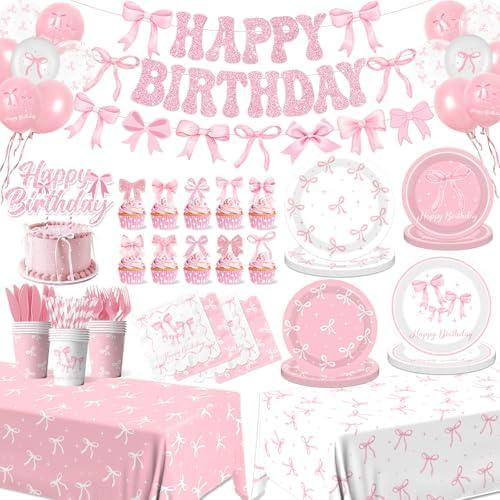 Pink Bow Birthday Party Supplies Serve, Coquette Birthday Decorations Include Bow Plates Napkins Cups Banner Tablecloth Cake Topper Balloons Bow Theme Tableware for Girls Bachelorette Decor