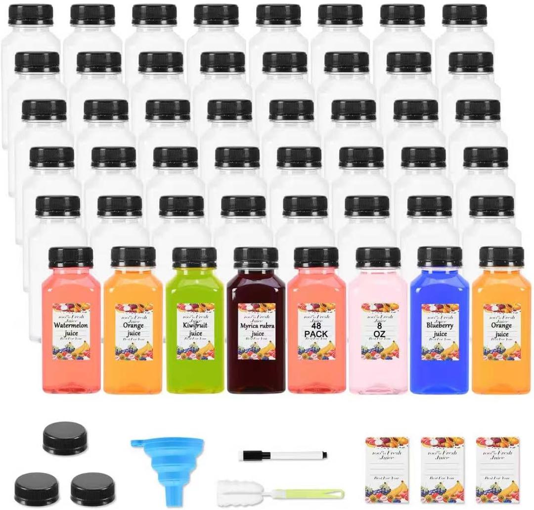 Janisfirst 48Pcs 8 oz Empty Plastic Juice Bottles with Caps,Reusable Clear Homemade Water Bottles Containers with Black Tamper Evident Caps for Juicing, Smoothie, Milk,Drinking and Other Beverages