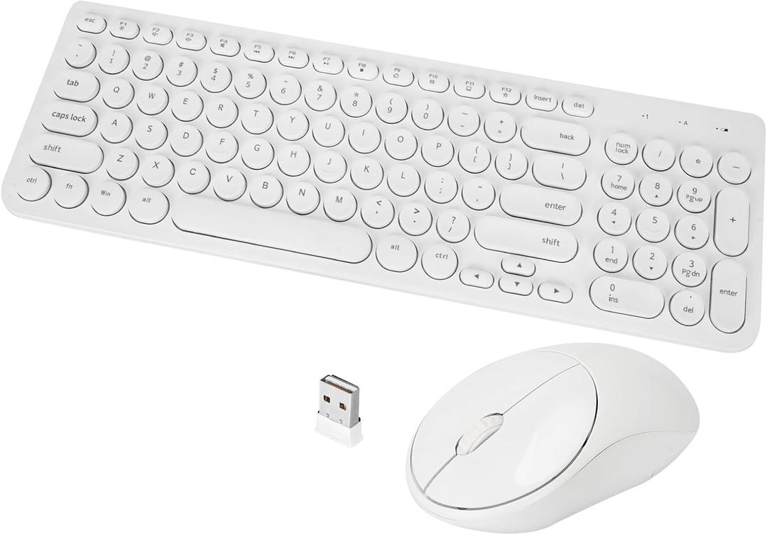 Wireless Keyboard and Mouse Combo, Retro Typewriter Wireless Keyboard with Round Keycaps, 2.4GHz USB Cute Wireless Keyboard Mouse for Computer, Desktop, Laptop and Computer (AllWhite)