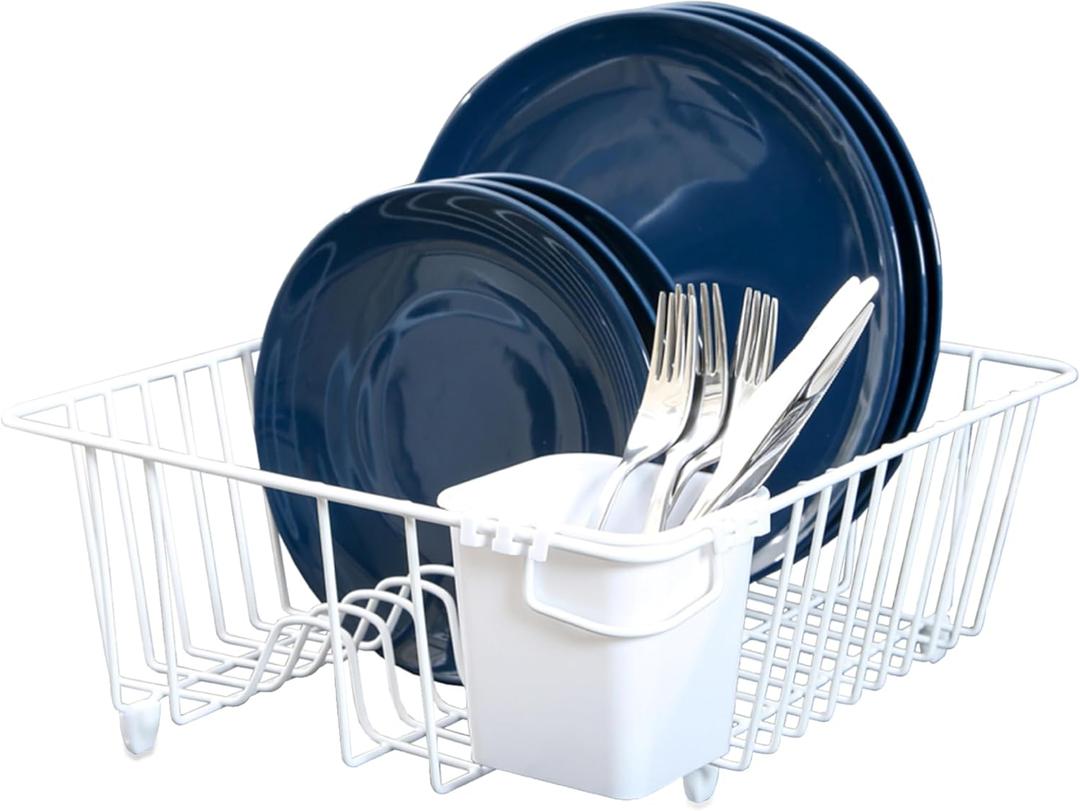 Smart Design Dish Drainer Rack - Small - In Sink or Counter Drying - Steel Metal Wire - Cutlery, Plates, Dishes, Cups, Silverware Organization - Kitchen (White - 14 x 5.5 Inch)