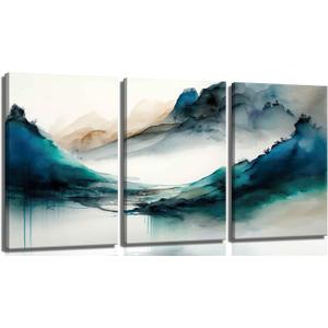 3Pcs Blue Watercolor Mountains Canvas Wall Art Teal Nature Wilderness Modern Ink painting Decor Pictures Abstract Smoke Forest Posters Prints for Bedroom Office Living Room Home Decoration (16L" x 12W")