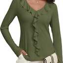 Meetrendi Women's Long Sleeve Shirts Dressy Casual V Neck Ruffle Knit Tunic Tops 2025 Fall Trendy Work Blouse (Army Green,Small)