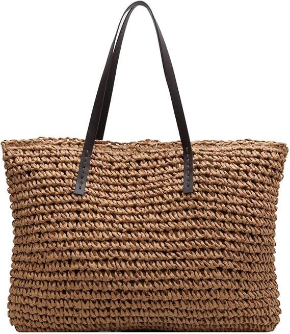 Large Straw Shoulder Bag Summer Beach Bag for Women Straw Tote Bag Handbag With Zipper Summer Shoulder Bag