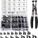 Toolwiz 100Pcs 6-25mm Spring Band Hose Clamp Assortment with Swivel Clamp Pliers, Constant Tension Radiator Hose Clamps, Black Hose Clips for Fuel Line, Silicone Vacuum Hose, Air Tube, Water Pipe