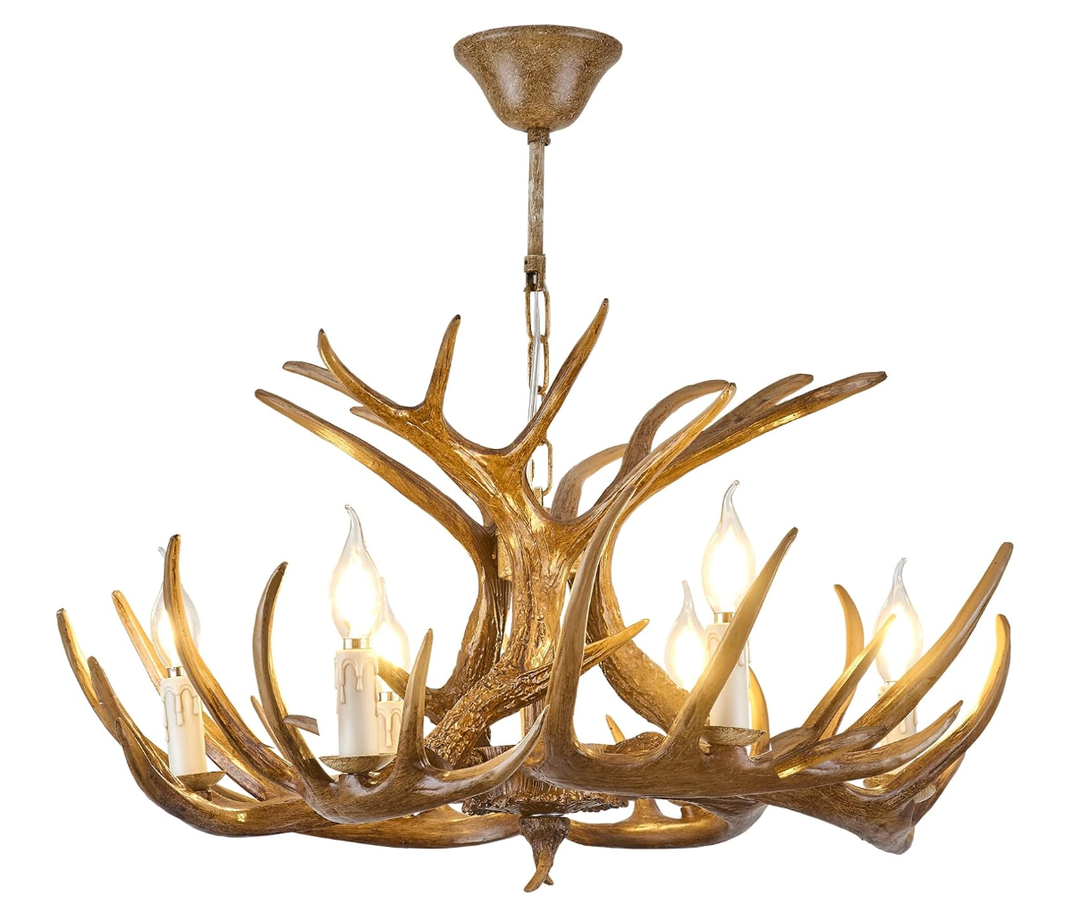 Antler Chandelier Lighting 6-Light,Brown Rustic Rural Style Antler Chandelier Light Fixtures, Resin Faux Deer Farmhouse Light for Dining Room Kitchen Island Entryway (6 Lights +3arms)