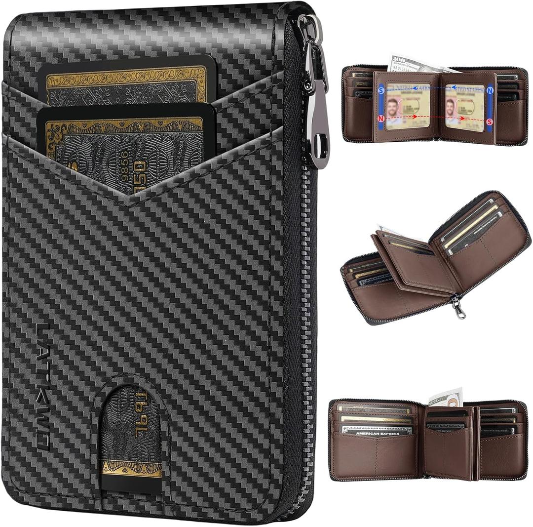 Mens RFID Blocking Zipper Large Dimensions Wallet with 2 ID Windows - Large Capacity Design, 13 Credit Card Slots (Brown)