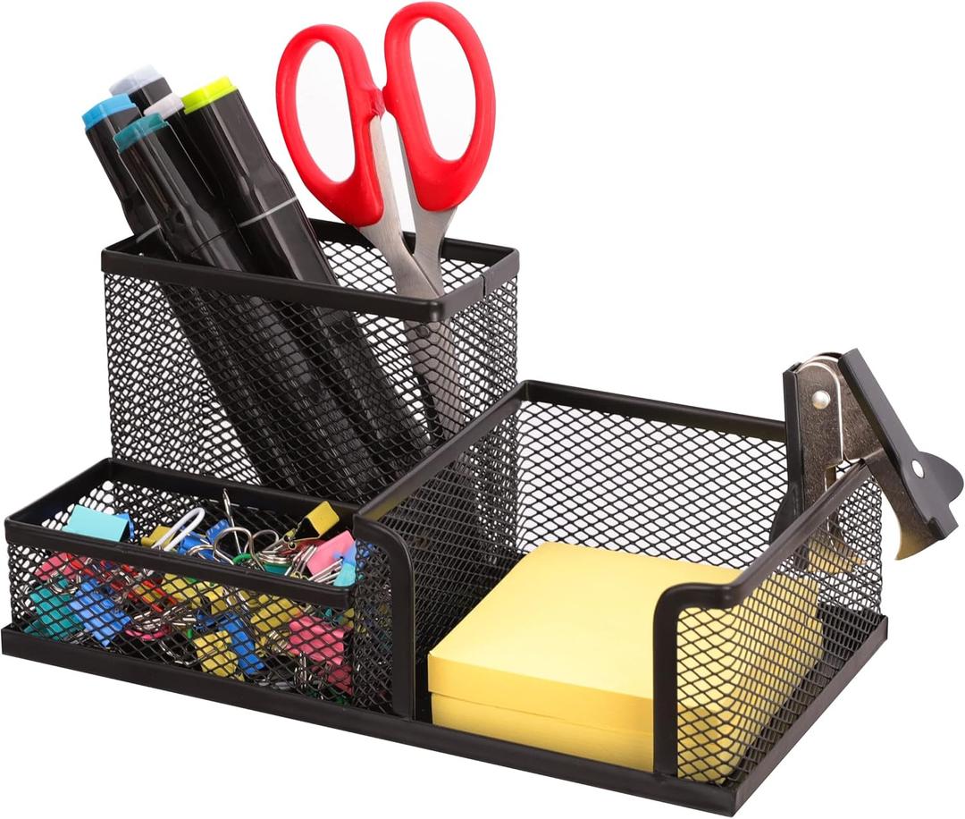 Ludato Desk Organizers Mesh Pencil Holder3 Compartments Black Mesh Pen Holder Storage for Office Desk Accessories