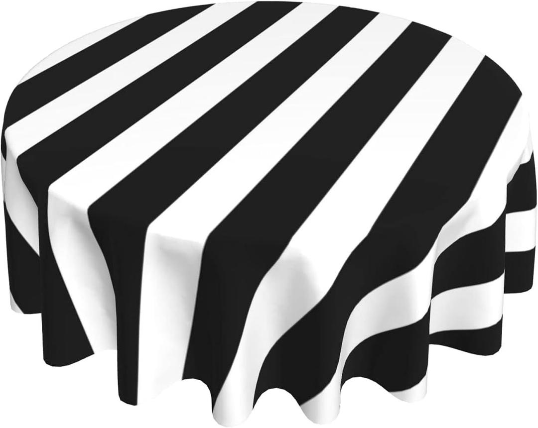 Black White Stripes Round Tablecloth 60 Inch Washable Reusable Decoration Table Cover for Kitchen Party