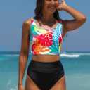 popvil High Waisted Bikini Sets for Women Modest Two Piece Tummy Control Swimsuit Floral Full Coverage Black Bathing Suit (Large)