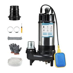 1HP Sewage Grinder Pump Submersible Effluent Pump, Sump Pump 110V 6400GPH with Automatic Float Switch,Stainless steel body and reamer.2'' NPT Discharge for Basement, Sump Basin.
