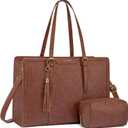 LOVEVOOK Laptop Tote Bag for Women,15.6 Inch Vintage Work Bag with Clutch,Large Leather Laptop Purse with Cup Holder for Teacher,Office (Brown)