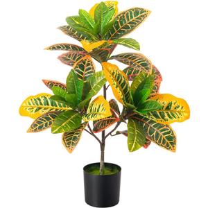 Fake Plant Artificial Croton, 23.6'' Tall with Colorful Leaves Faux Croton Palm Tree in Pot Decorative, Faux Plant Artificial Plants for Home Decor Indoor (23.6''-1Pc)