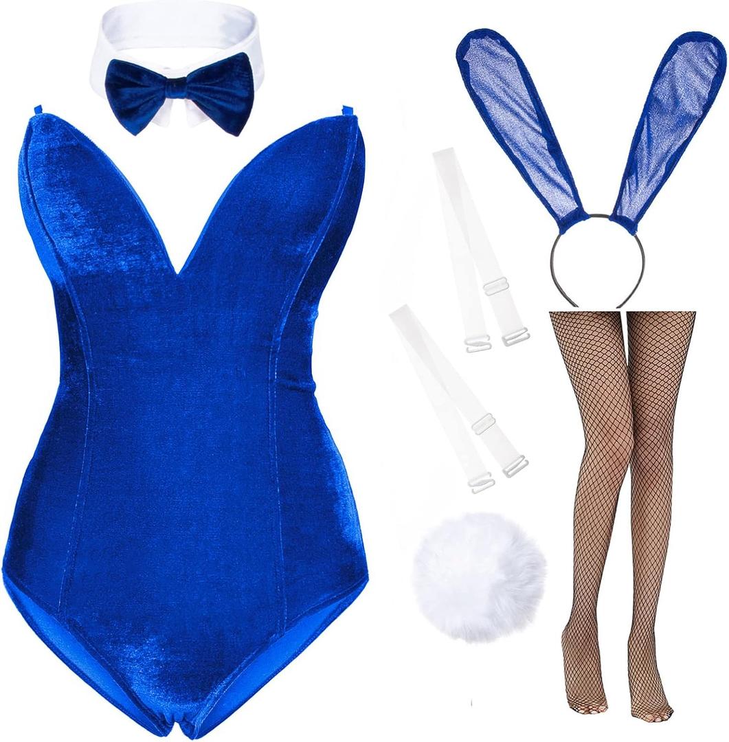 Anime Womens Bunny Girl Costume One Piece Bodysuit Halloween Cosplay Catsuit Bunny Headband Stockings Set (X-Small, Blue) Anime Womens Bunny Girl Costume One Piece Bodysuit Halloween Cosplay Catsuit Bunny Headband Stockings Set (X-Small, Blue)