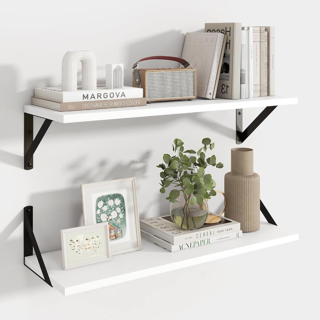 Axeman 24 Inch White Floating Shelves | 8 Inch Deep Wall Shelves Set of 2 | 24''W x 8''D Rustic White Wood Shelves for Bathroom Kitchen Living Room Bookshelf Home Office, 23.6 Inch