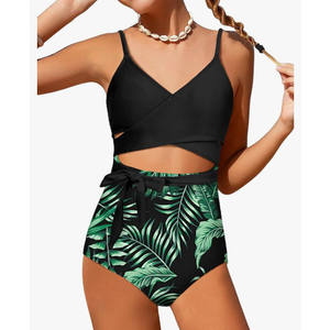 Girls Swimsuit Cutout One-Piece Bathing Suit V-Neck Swimsuits for Teens Cute Swimwear with Drawstring Cover Up 13-14Y
