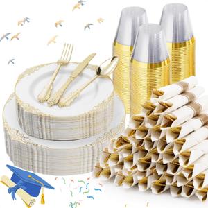 350PCS Gold Plastic Plates for 50 Guests, Disposable Dinnerware Sets Include 100 Gold Rim Plastic Plates, 50 Silverwares, 50 Cups, and 50 Pre Rolled Napkins for Party, Wedding, Graduation