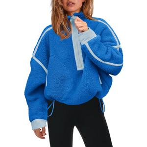 Panadila Womens Half Zip Sherpa Fleece Pullover Soft Oversized Sweatshirt with Pockets Warm Fuzzy Sweater (Small, Bright Blue)