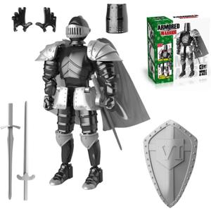 Medieval Knight Action Figure, Multi-Jointed Movable Knight Armor Figure with Weapons, Collectible Desktop Decor for History Enthusiasts & RPG Gamers, Assembly Required (Black+Silver)