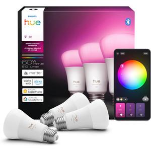 Philips Hue Smart LED A19 Bulb, 3 Pack, White & Color Ambiance, E26 Base, 7.2W, Full Spectrum Light 1000K-20000K, 810 Lumens, Dimmable LED Bulbs, Works with Alexa, Google & Apple Home