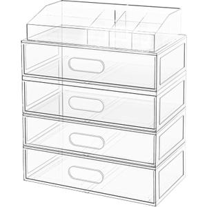 Clear Stackable Makeup Organizer with Drawer, 12''W Acrylic Storage Drawers, Cosmetic Display Case for Vanity Bathroom Countertop, Beauty Holder for Lipstick Brush Skincare Perfume (5 Pack)