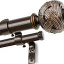 1 Inch Double Curtain Rods 72 to 144 Inches (6 to 12 ft), USFOOK Bronze Drapery Rods for Windows 69 to 140 Inches, Telescoping Dual Curtain Rod with Woven Leaf Finials