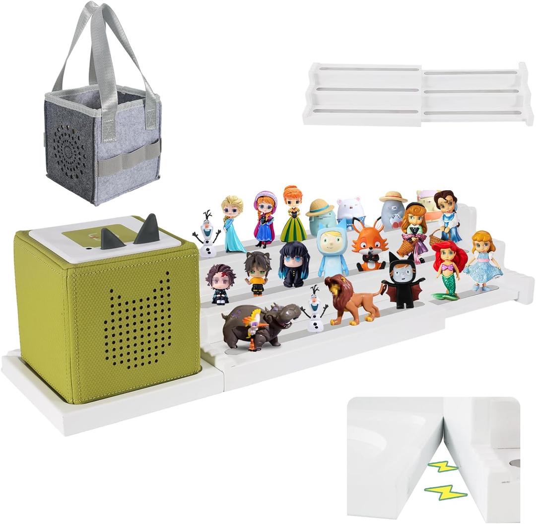 Givilio Expendable Wooden Tonie Shelf with Storage Steps - Extendable 3-Slot Organiser for Toniebox 1&2 and Tonie Figures, Perfect for Kids' Rooms & Play Areas (White)