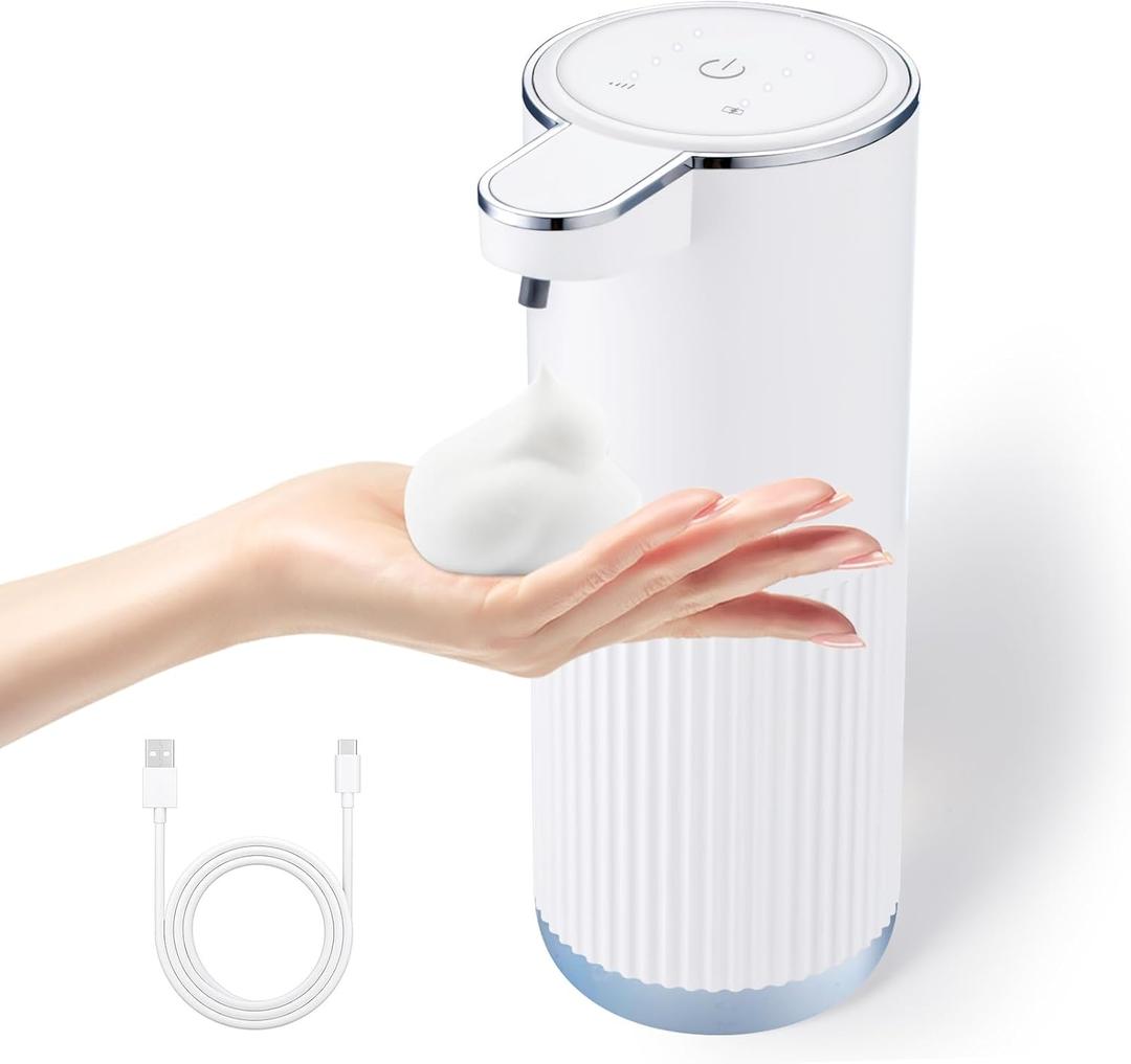 Automatic Foaming Soap Dispenser, 4-Level Adjustable Electric Foam Hand Soap Dispenser, USB Rechargeable Touchless for Bathroom Countertop, Kitchen, 13.5oz, Wall Mounted(White)