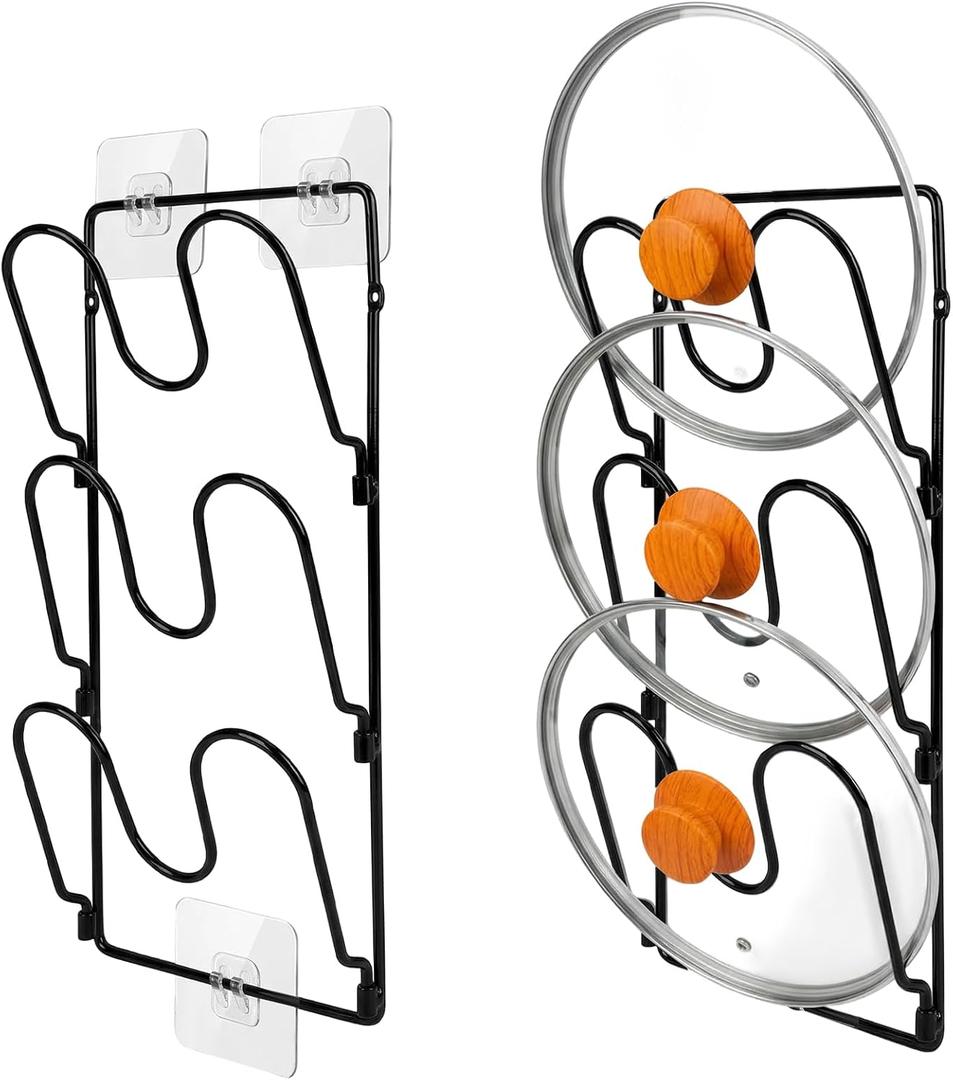 2 Pack Pot Lid Organizer Rack for Cabinet Door/Wall, 6-Tier Pot Lid Holders inside Cabinet Door, No Drilling Adhesive Wall/Door Mounted Rustproof Pots and Pans Lid Organizers for Kitchen Storage Black
