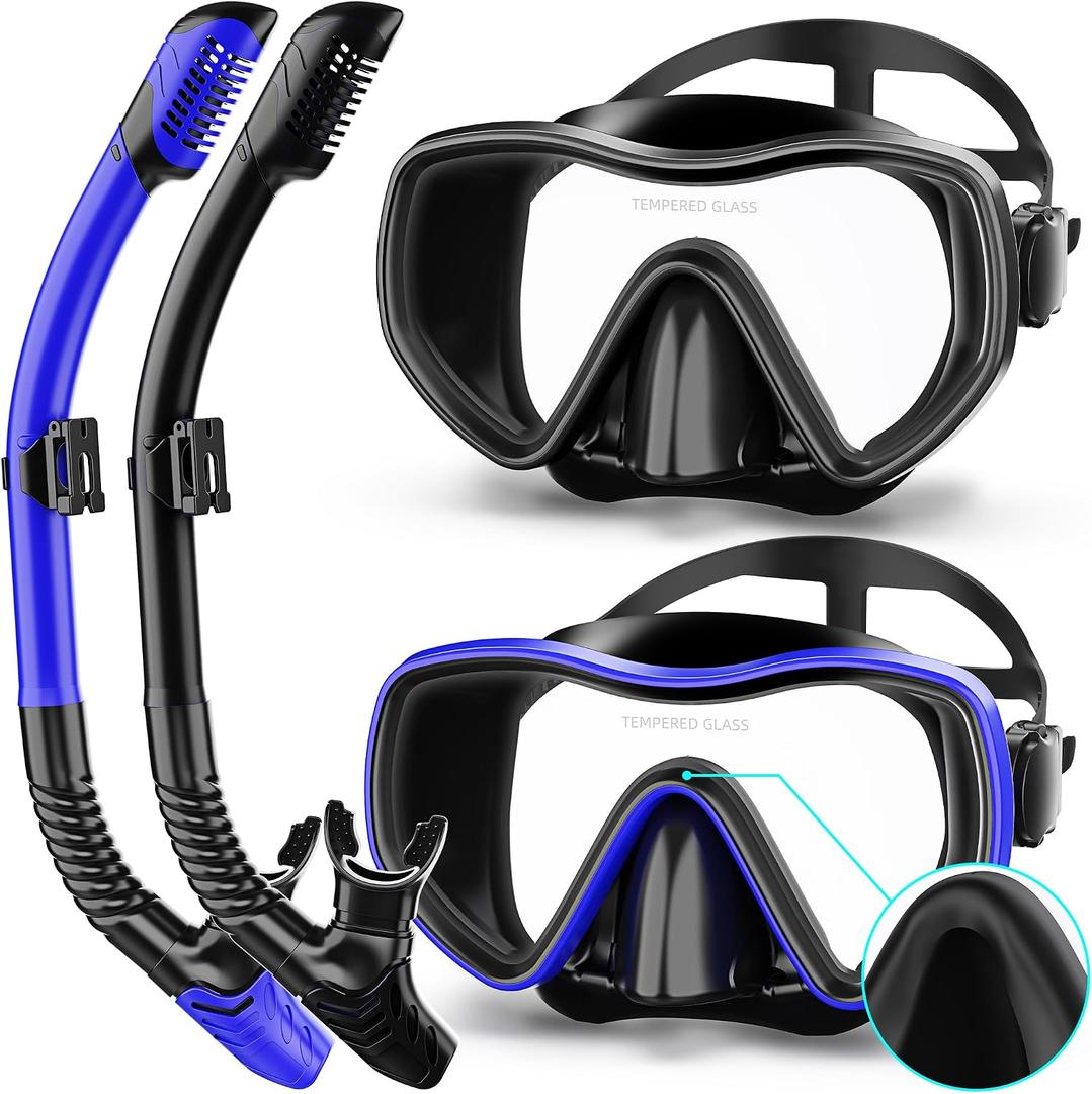 Snorkeling Gear for Adults, Dry Snorkel Set 180 Panoramic Wide View Anti-Fog Scuba Diving Mask, Professional Snorkel Gear for Free Breathing, Swimming, Diving (Black+Black Blue)