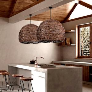 Arturesthome 1 Light Rustic Woven Rattan Pendant Light, Coastal Lighting Fixture, Vintage Farmhouse Lampshade Chandelier Hanging Ceiling Lamp Shade for Kitchen Island Dining Room W 15.7* H 11
