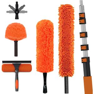 LAANPOLE 30FT High Reach Duster Cleaning Kit with Extension Pole, High Ceiling Fan Cleaner Duster Tool for Fan Blades, Window Washing Kit with Microfiber Feather Duster & Window Squeegee, 24FT