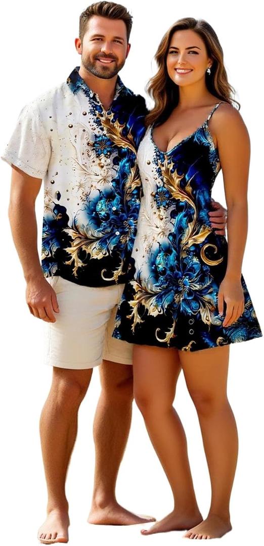 DRESSFO Couple Matching Hawaiian Outfits Abstract Print Sleeveless V Neck Dress or Men's Roll Up Sleeve Shirts Outfit (Men Deep Blue), XL 