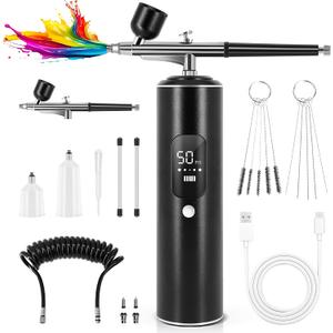 Airbrush Kit with Compressor, 2 Airbrushes, 6400mAh 50PSI High Pressure Airbrush for Nails with 0.2/0.3/0.5mm Nozzle Sets, Airbrush for Nails, Modeling, Cake Decorating, Pastry (Black)