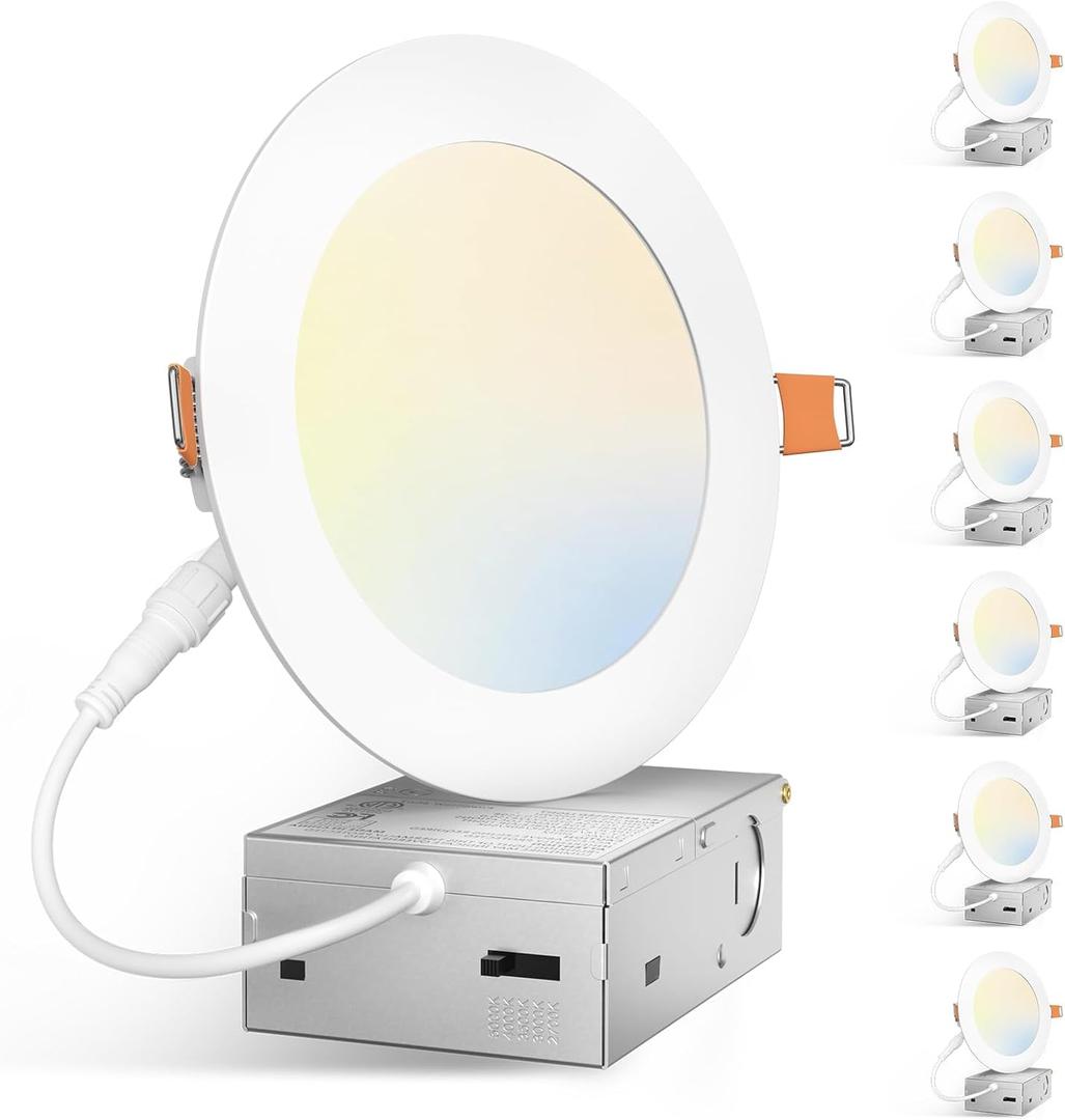 Amico 6 Pack 5 Inch 5CCT Ultra-Thin LED Canless Recessed Ceiling Light with Junction Box, 2700K/3000K/3500K/4000K/5000K Selectable, 11W=75W, 900LM High Brightness, Dimmable Wafer Downlight-ETL&FCC
