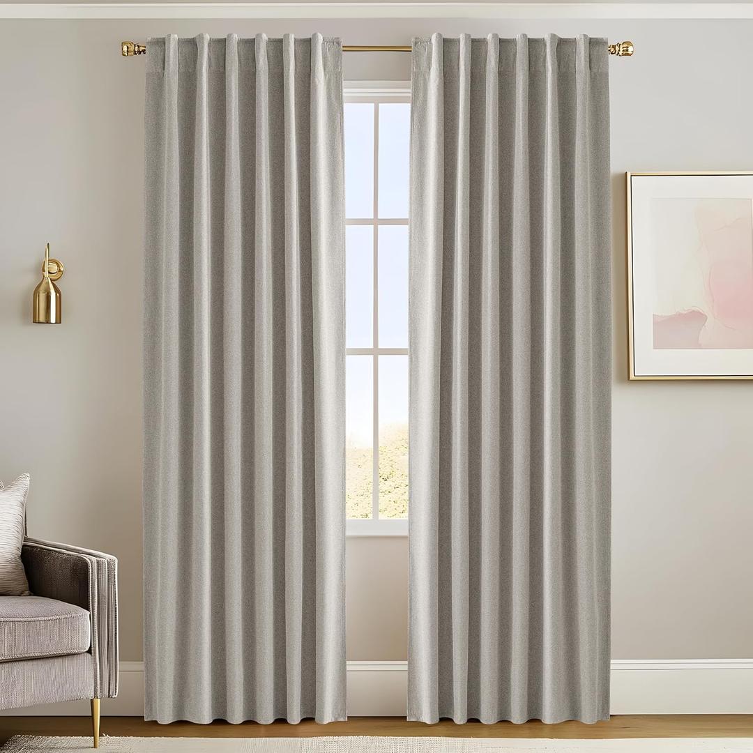 RYB HOME 100% Blackout Silver Grey Curtains, Privacy Flax Linen Drapery for Living Room & Bedroom Total Blackout, Rod Pocket & Back Tab Window Treatment, Set of 2, W52 x L84