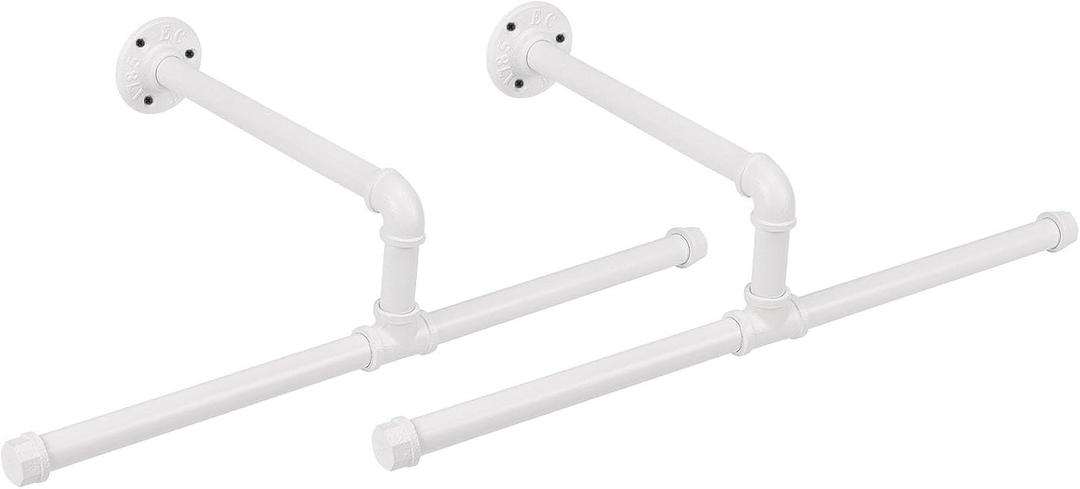 Industrial Pipe Clothes Rack Wall-Mounted, Multi-purpose Rustic Vintage Hanging Rod for Space-Saving Storage in Bedroom, Bathroom, and Laundry Room, 2 Pack White