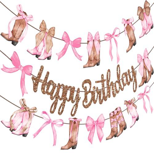Coquette Cowgirl Birthday Party Supplies Cowgirl Boots and Bows Birthday Banners 3PCS Western Rodeo Party Decorations Bowknot Boots Cutout Banner for Wild West Bridal Shower Bachelorette Decor