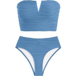 ZAFUL Womens Bandeau Bikini Set Strapless Textured Two Piece Lace up Bathing Suits High Waisted V-Neck Swimsuits (Small, Light Blue)