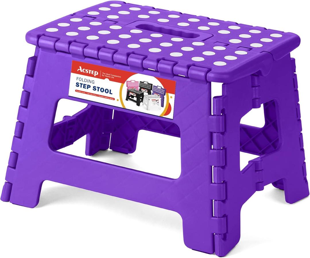 ACSTEP Folding Step Stool Portable Collapsible Plastic Step Stool, Foldable Step Stools, Non Slip Folding Stools for Kitchen Bathroom Bedroom (Purple) (9 Inch( Pack of 1))