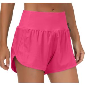 THE GYM PEOPLE Womens High Waisted Running Shorts Quick Dry Athletic Workout Shorts with Mesh Liner Zipper Pockets (Bright Pink, X-Large)