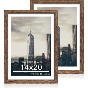 14x20 Poster Frame Set of 2, 14 x 20 Wood Picture Frames with Mat for 12x18, Wooden Photo Frame with Tempered Glass Cover for Wall Mounting Display,Rustic Brown, 14x20-2pack