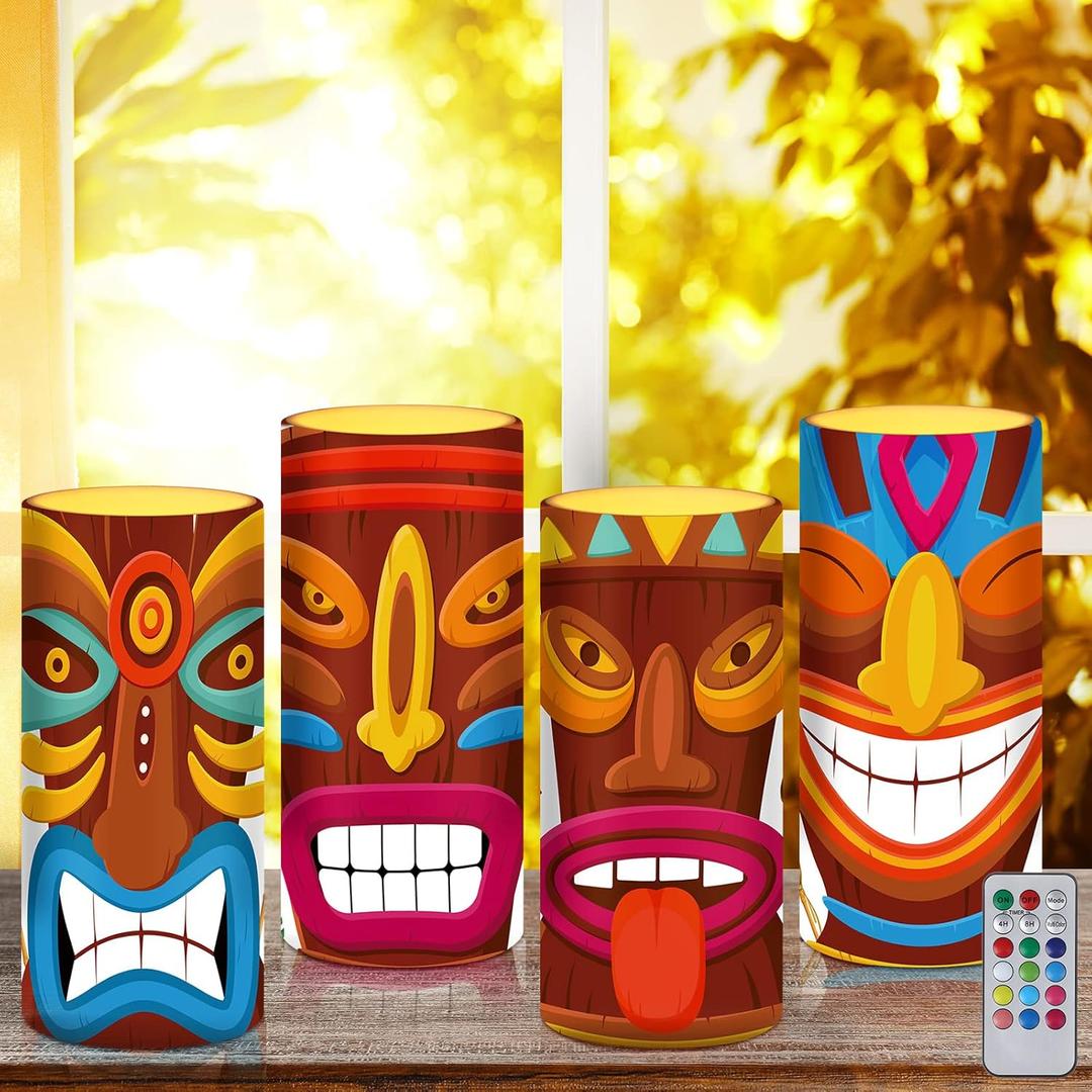 Tiamon Tribal Tiki Flameless Candles Led Hawaiian Battery Operated Luau Flickering Candles with 18-Key Remote Timer Pillar for Summer Holiday Tiki Bar Party Table Decorations