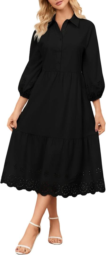 Ladyful Embroidered Eyelet Cotton Dress for Women Maxi 3/4 Sleeve Button Down Hollowed Out Flowy Midi Shirt Dress (Black, XL)