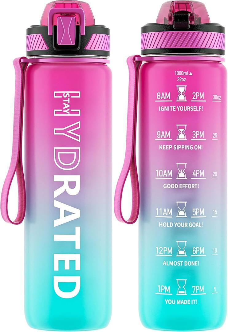 Water Bottle with Straw, 32oz Motivational Water Bottles with Time Marker to Drink, Tritan BPA Free, 1L Sports Water Bottle with Carry Strap LeakProof for Women Gym Fitness Outdoor (1 Pack) (Purple Green)