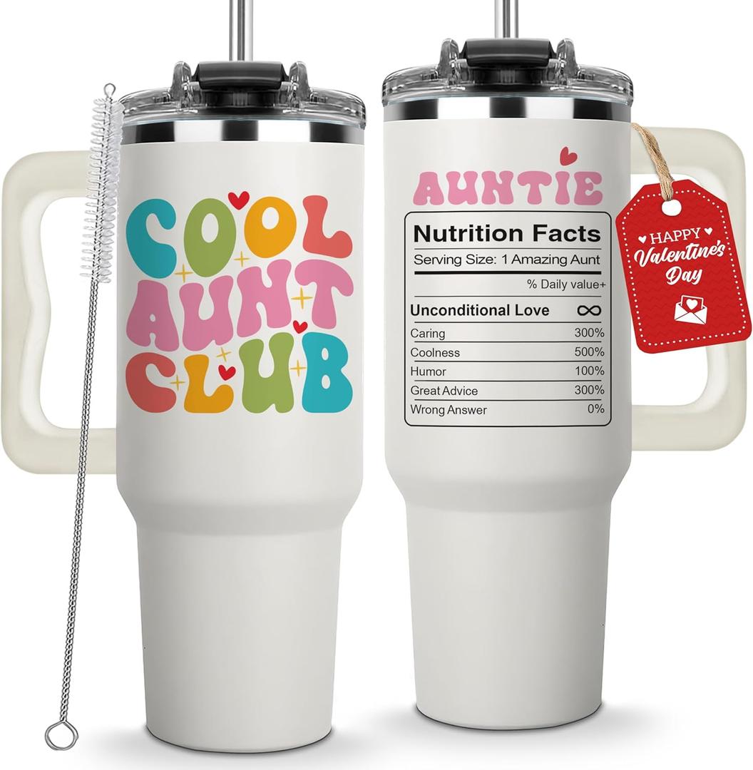 Mothers Day Gifts for Aunt - Cool Aunt Club Coffee Tumbler 40Oz, Best Auntie Gifts from Niece Nephew for Birthday, Presents for First Time & Best Auntie Ever, New Aunty Cup with Handle Straw
