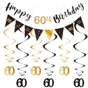 60th Birthday Decoration Kit, Happy 60th Birthday Banner Bunting Swirls Streamers, Triangle Flag Banner for Birthday Party Decorations Supplies Black and Gold 60th