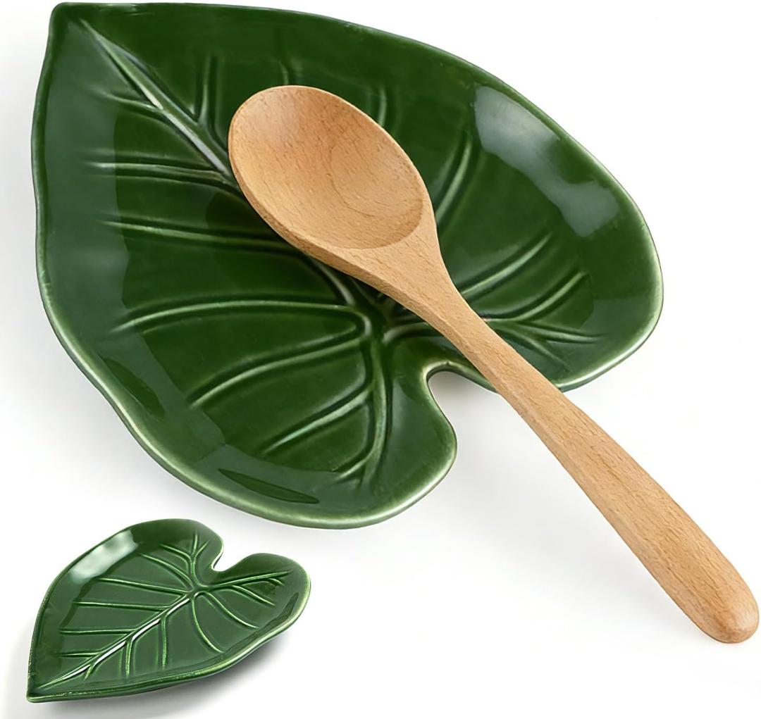 Cute Leaf Ceramic Spoon Rest, Keeps Counters Clean, for Stove Top and Kitchen Counter, Decorative Green Spoon Holder, Kitchen Decor Gift
