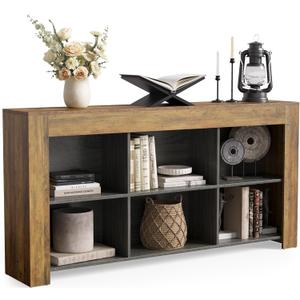 LITTLE TREE Console Table with Storage, 63-Inch Narrow Long Sofa Table, Entryway Table with 6 Cubes, Farmhouse Storage Shelves for Entryway, Living Room (11.8" D x 63" W x 31.5" H, Light Brown + Black)
