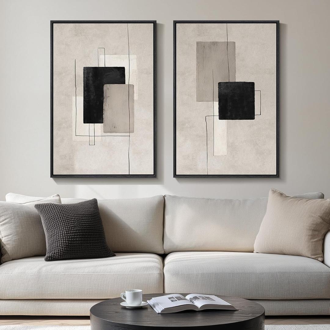 Large Framed Neutral Abstract Wall Art Set of 2, Black Beige Modern Canvas Prints Paintings Artwork for Walls, Minimalist Block Lines Pictures for Living Room Dining Room Bedroom Wall Decor 20x30 In, 20" W x 30" H x 2Pcs