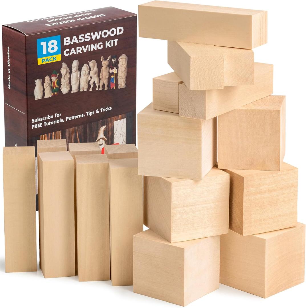 BeaverCraft Basswood Carving Blocks BW18 pcs Whittling Wood for Crafts - Soft Carving Wood - Basswood Kit 2 Different Sizes - Unfinished Wooden Blocks for Carvers